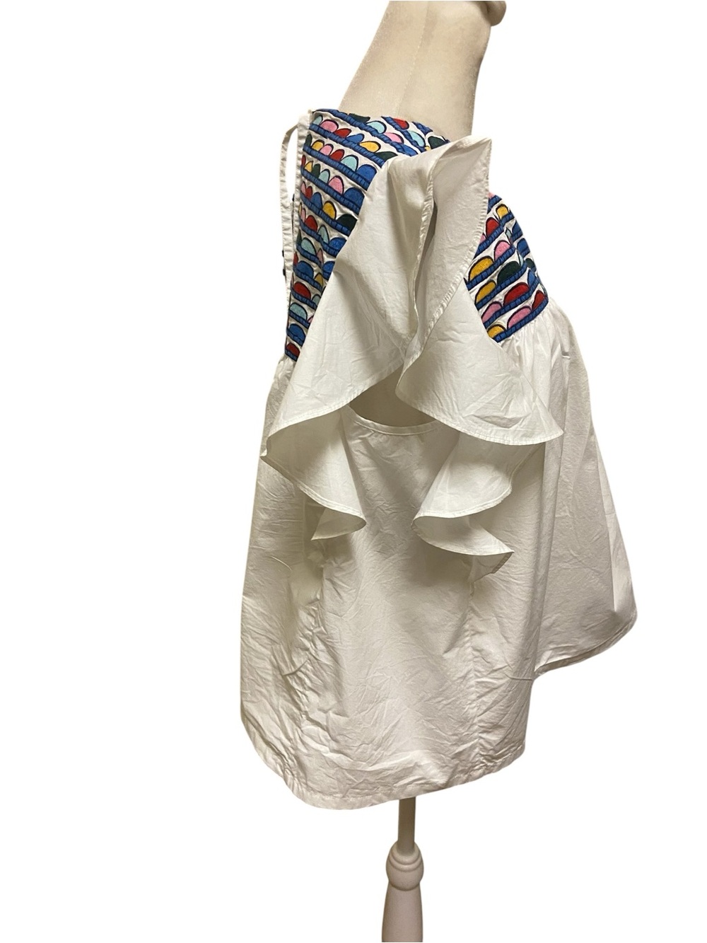 WHIT TWO Anthropologie Embroidered Flutter Sleeve Top White Rainbow Yoke Size LP - Picture 8 of 16